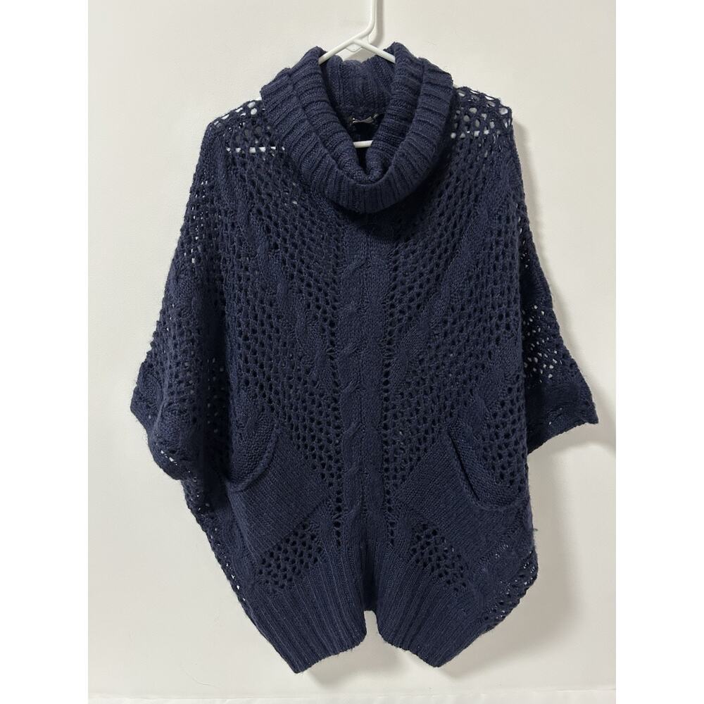 BCBG Max Azria Sweater Womens S/M Cable Knit Poncho Pullover Cowl Neck Wool Blue